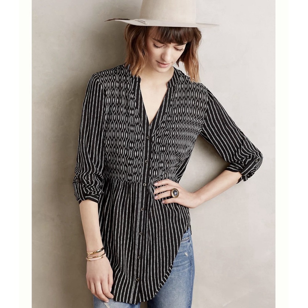 Anthropologie Maeve Sz 6 Black/White Button Up Calia High-Low Tunic Top Pintucks